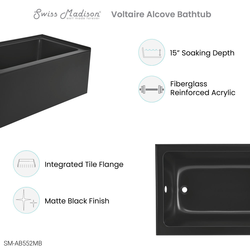 Swiss Madison Voltaire 48" x 32" Left-Hand Drain Alcove Bathtub with Apron in Matte Black | SM-AB552MB