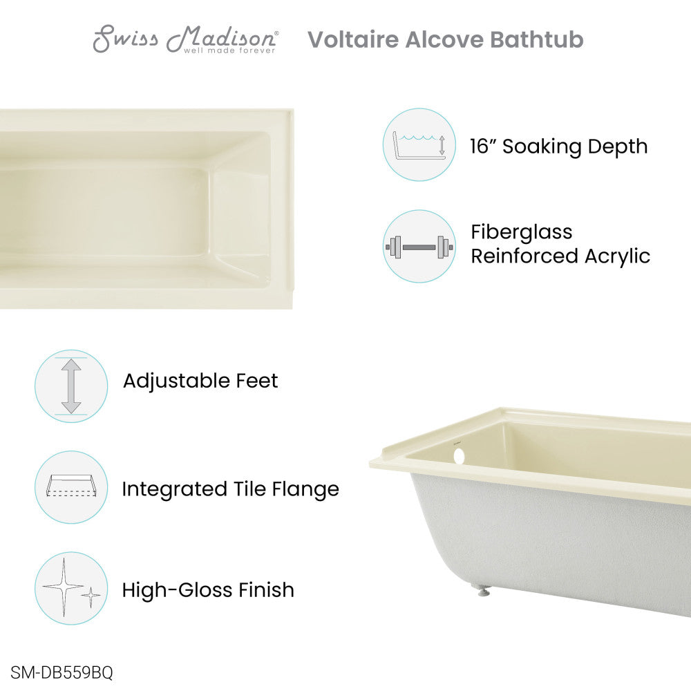 Swiss Madison Voltaire 60" x 30" Left-Hand Drain Alcove Bathtub in Bisque | SM-DB559BQ