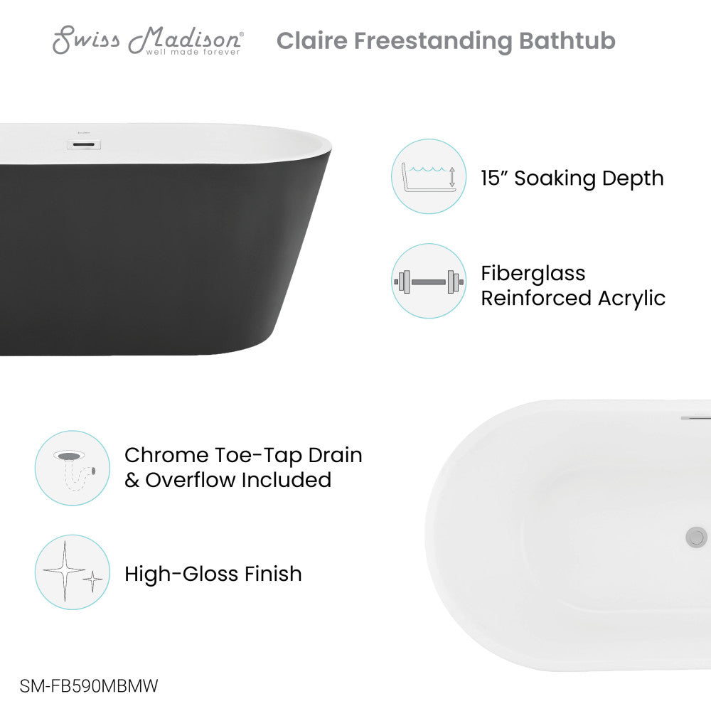 Swiss Madison Claire 60" Freestanding Bathtub Matte Black and Matte White | SM-FB590MBMW