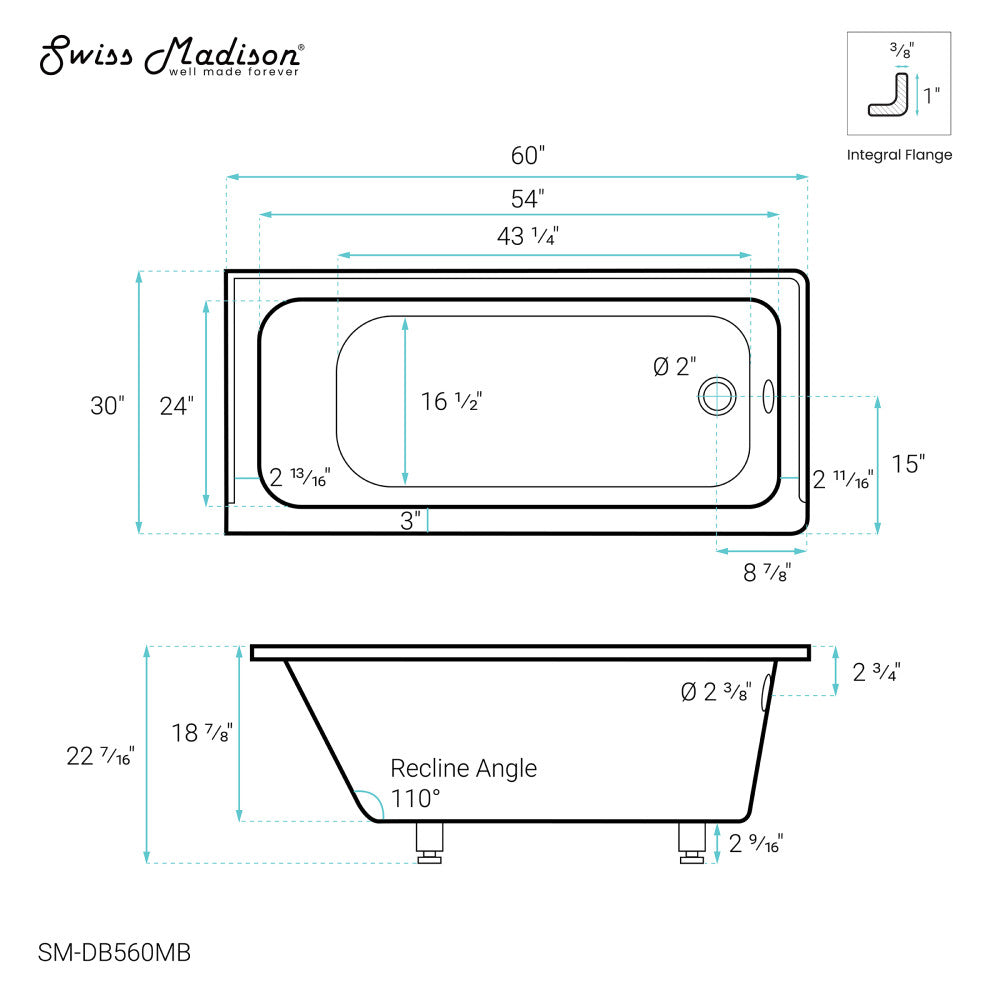 Swiss Madison Voltaire 60" x 30" Right-Hand Drain Alcove Bathtub in Matte Black | SM-DB560MB