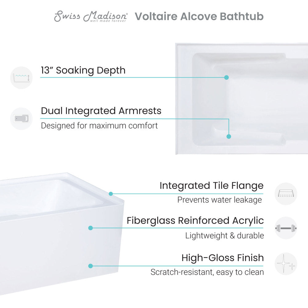 Swiss Madison Voltaire 60" x 30" Right-Hand Drain Alcove Bathtub with Apron and Armrest | SM-AB540