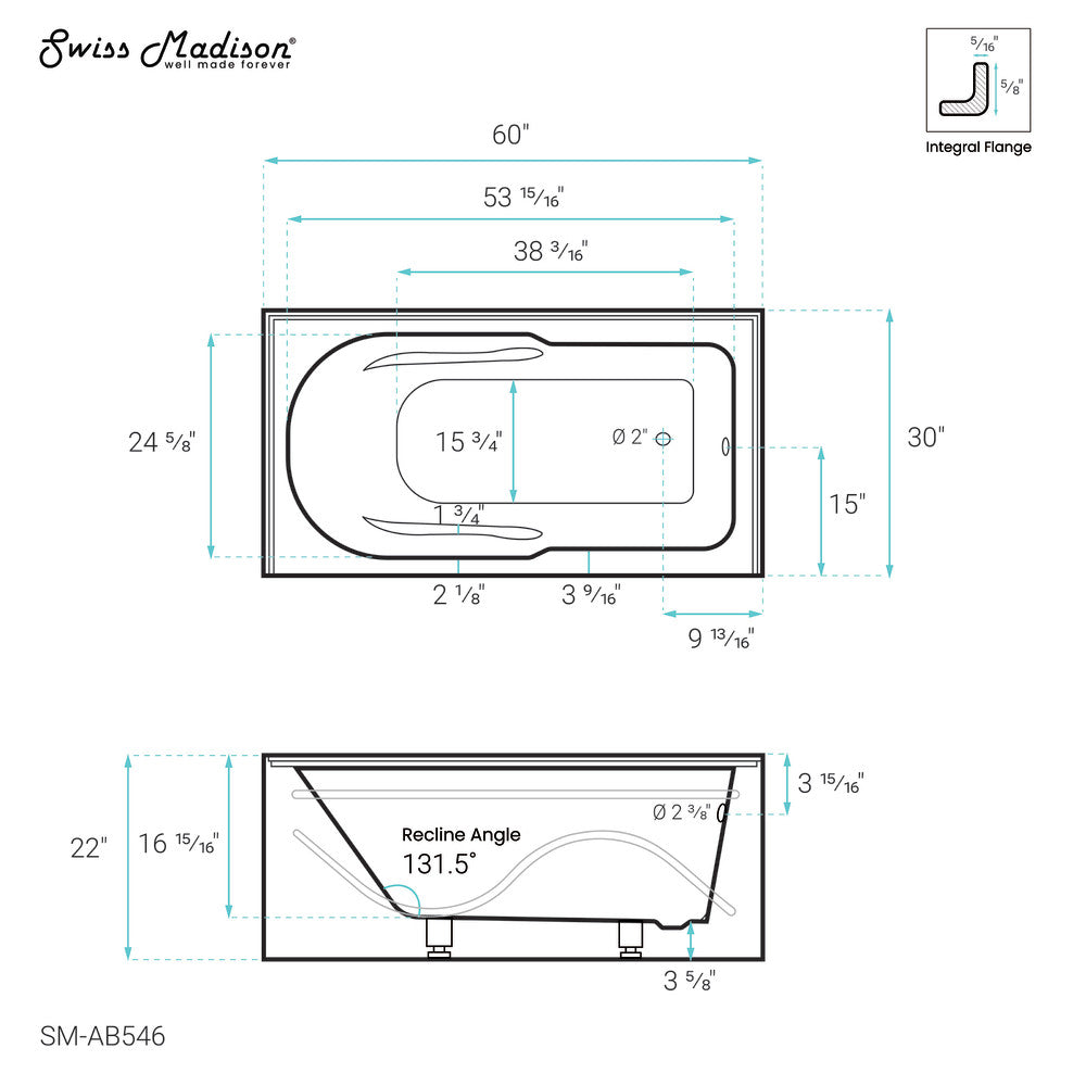 Swiss Madison Ivy 60" x 30" Right-Hand Drain Alcove Bathtub with Apron | SM-AB546