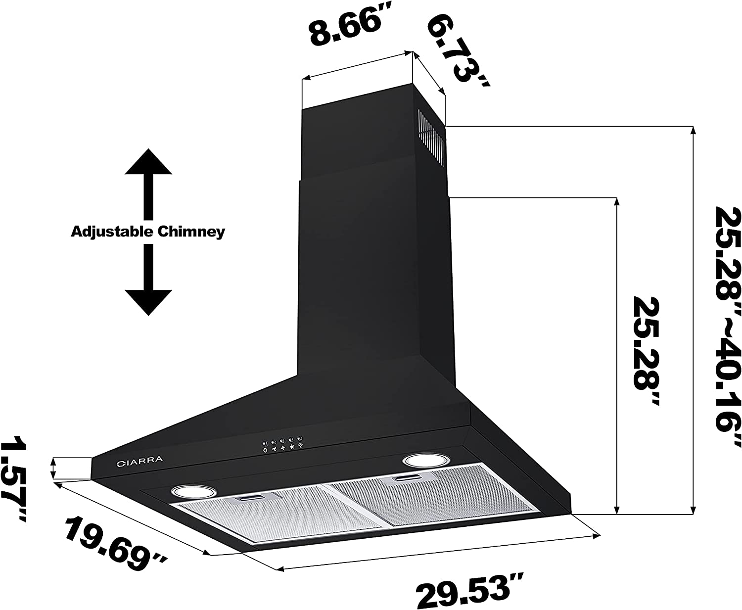 CIARRA 30" 450 CFM Wall Mount Convertible Range Hood in Black with LED Lights