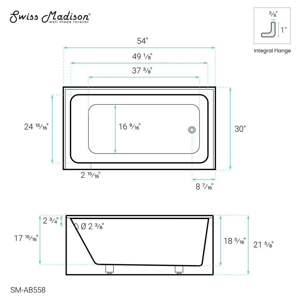 Swiss Madison Voltaire 54" x 30" Right-Hand Drain Alcove Bathtub with Apron | SM-AB558