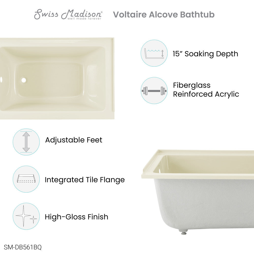 Swiss Madison Voltaire 48" x 32" Left-Hand Drain Alcove Bathtub in Bisque | SM-DB561BQ