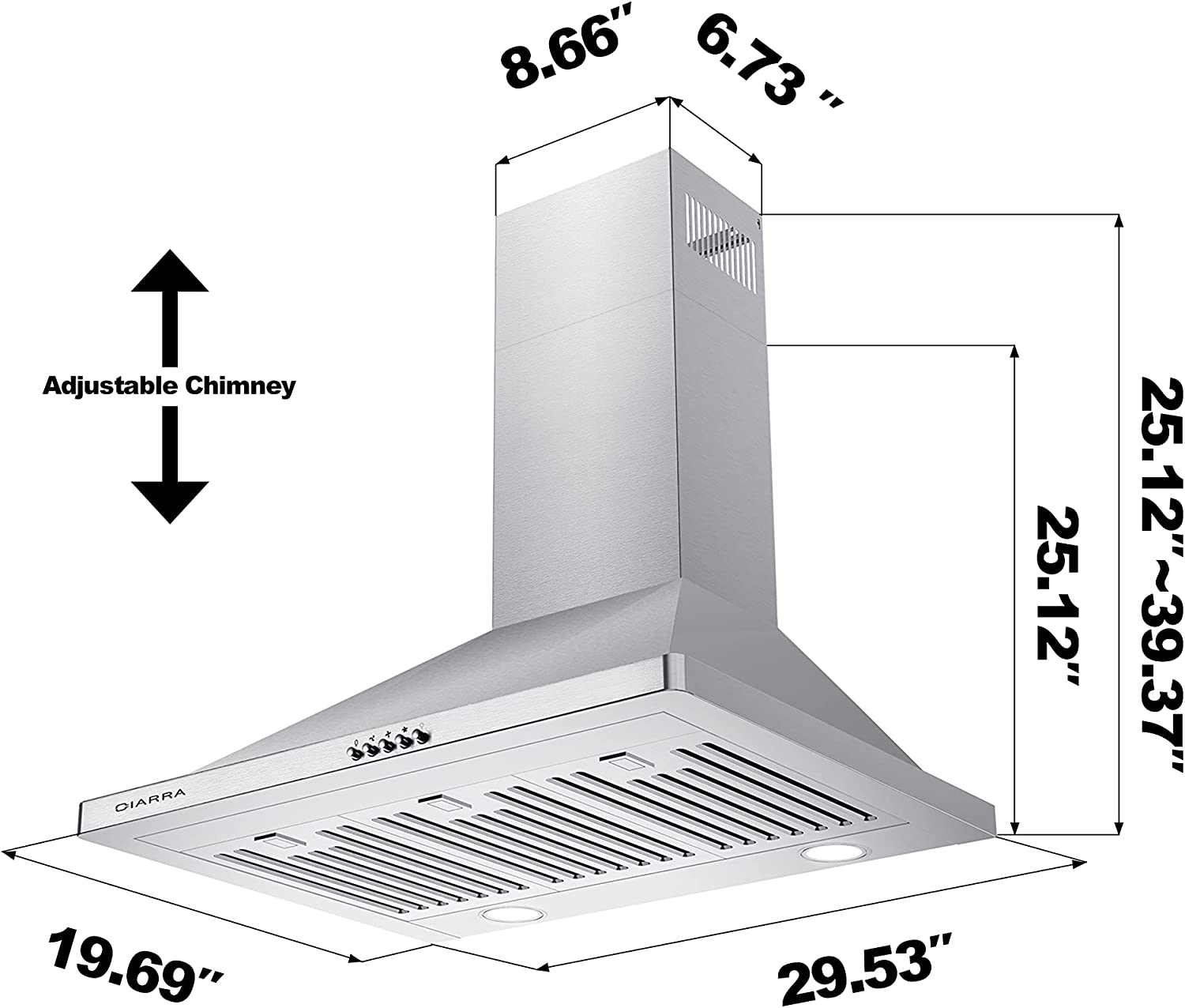 CIARRA 30" 450 CFM Wall Mount Convertible Range Hood in Stainless Steel with LED Lights