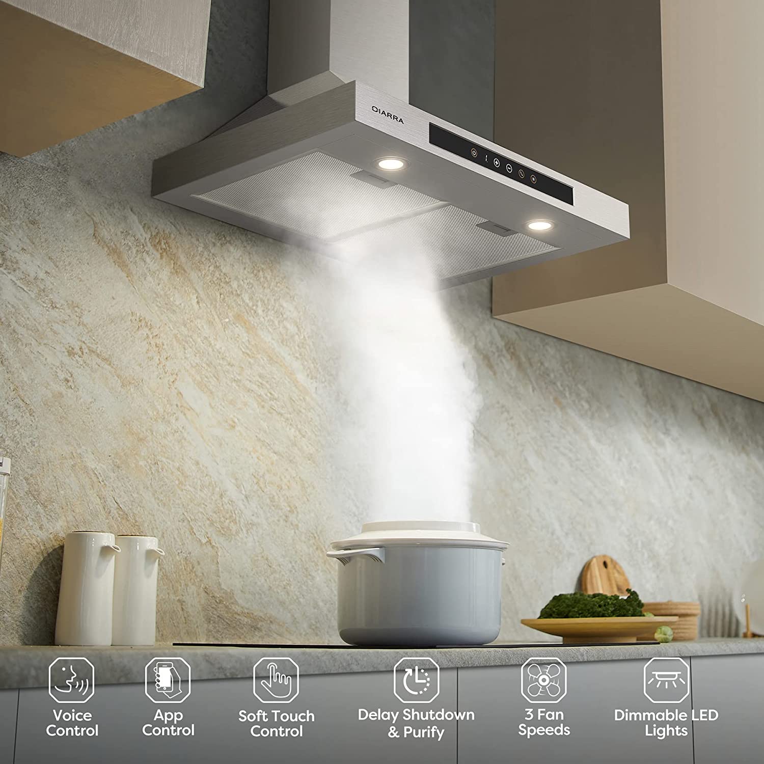 CIARRA 30" 450 CFM Wall Mount Convertible Smart Range Hood in Stainless Steel with Voice and Touch Controls