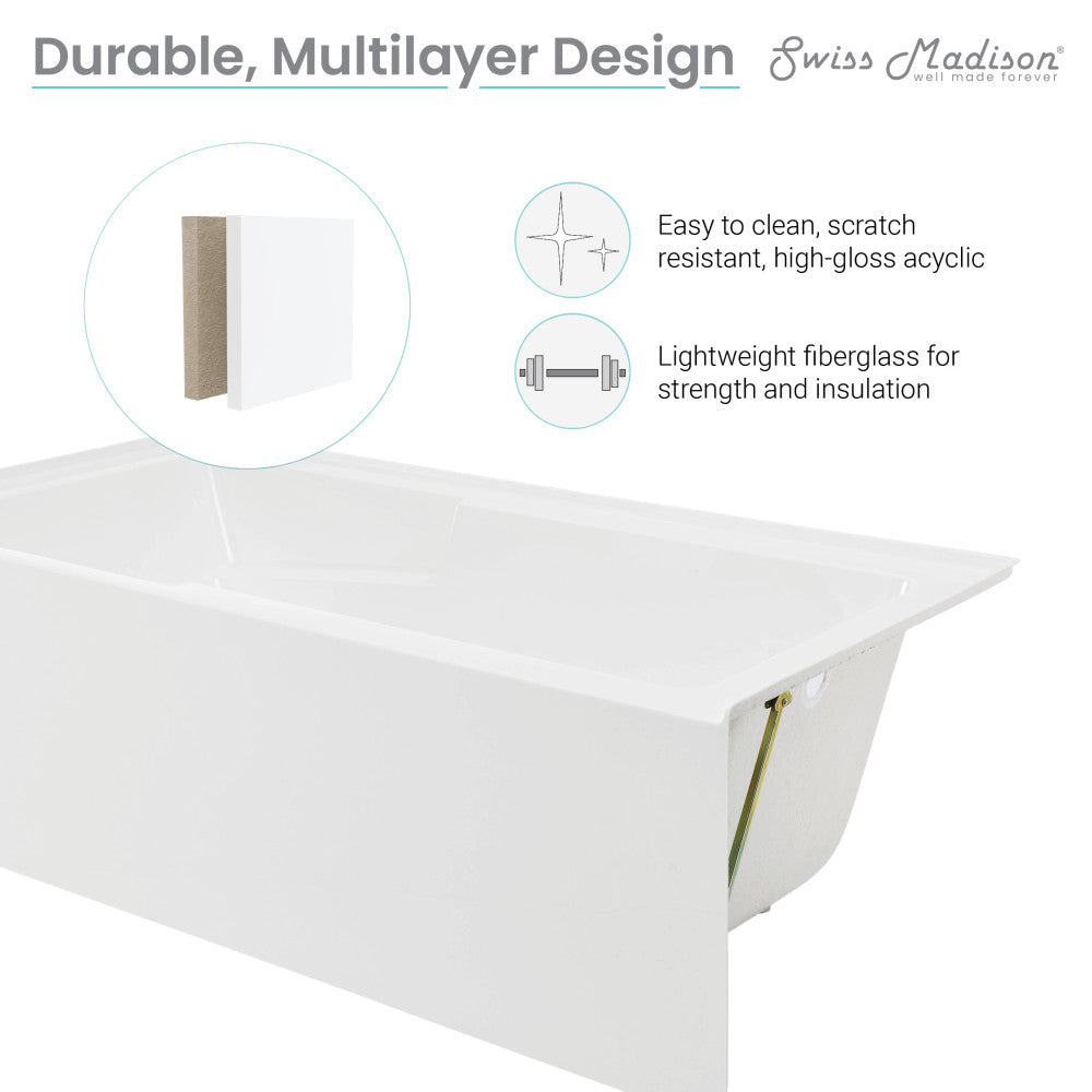 Swiss Madison Voltaire 72" x 36" Right-Hand Drain Alcove Bathtub with Apron and Armrest | SM-AB555