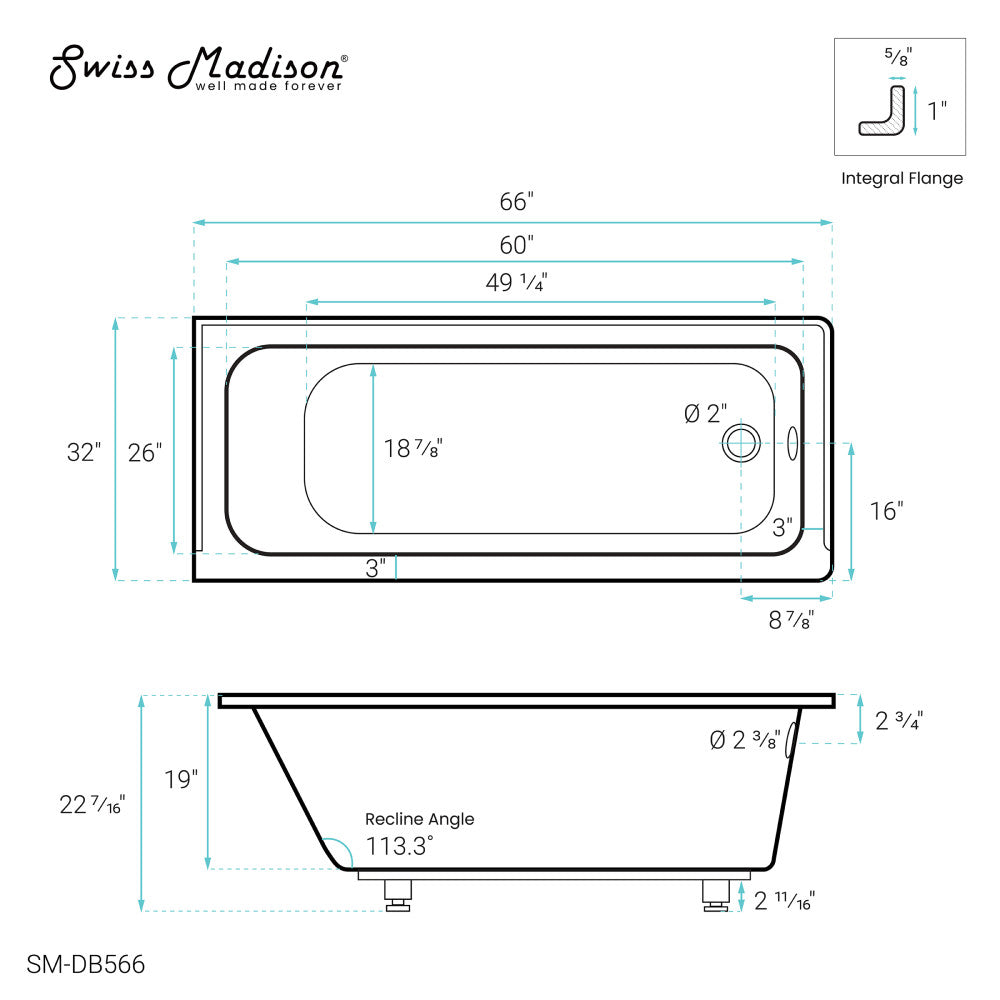 Swiss Madison Voltaire 66" x 32" Right-Hand Drain Alcove Bathtub | SM-DB566