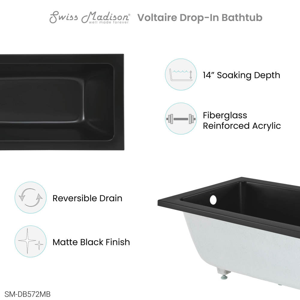 Swiss Madison Voltaire 54" x 30" Reversible Drain Drop-In Bathtub in Matte Black | SM-DB572MB