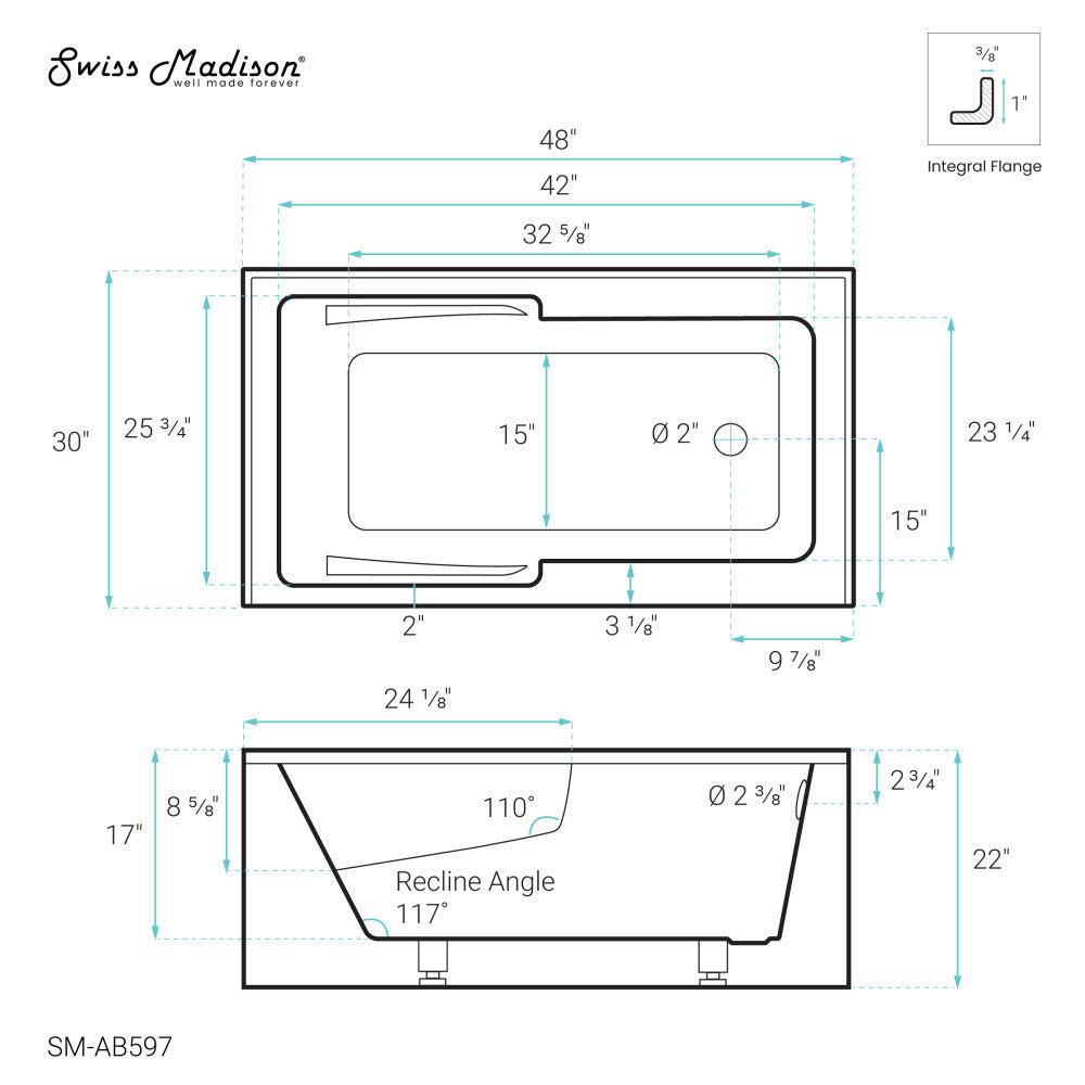 Swiss Madison Voltaire 48" x 30" Right-Hand Drain Alcove Integrated Armrest Bathtub with Apron | SM-AB597