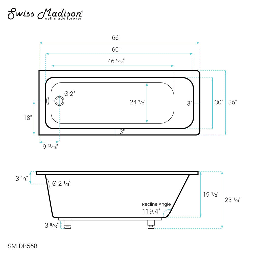 Swiss Madison Voltaire 66" x 36" Reversible Drain Drop-In Bathtub | SM-DB568