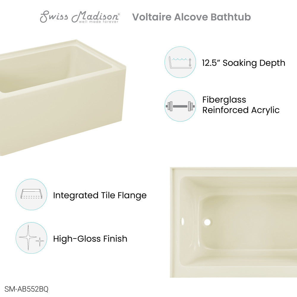 Swiss Madison Voltaire 48" x 32" Left-Hand Drain Alcove Bathtub with Apron in Bisque | SM-AB552BQ