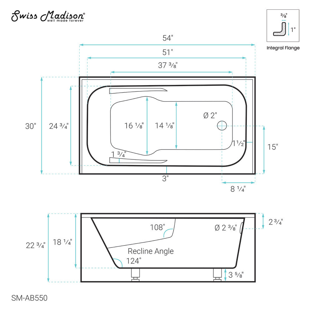 Swiss Madison Voltaire 54" x 30" Right-Hand Drain Alcove Bathtub with Apron & Armrest | SM-AB550