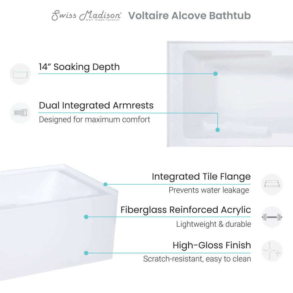 Swiss Madison Voltaire 54" x 30" Left-Hand Drain Alcove Bathtub with Apron & Armrest | SM-AB549