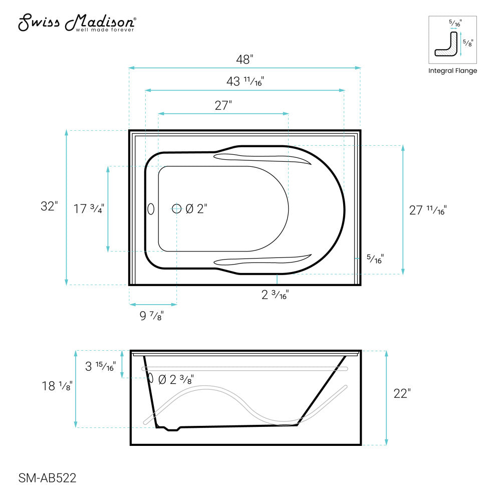 Swiss Madison Ivy 48'' x 32" Bathtub with Apron Left Hand Drain in White | SM-AB522