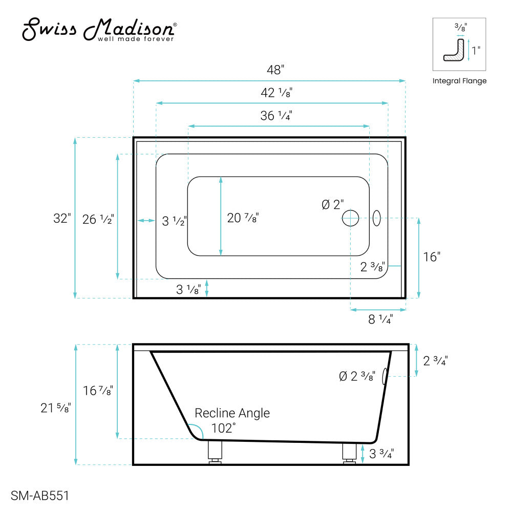 Swiss Madison Voltaire 48" x 32" Right-Hand Drain Alcove Bathtub with Apron | SM-AB551