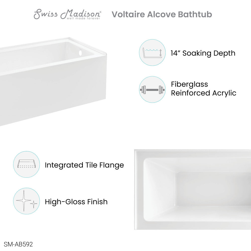 Swiss Madison Voltaire 60" x 30" Right-Hand Drain Alcove Bathtub with Apron | SM-AB592