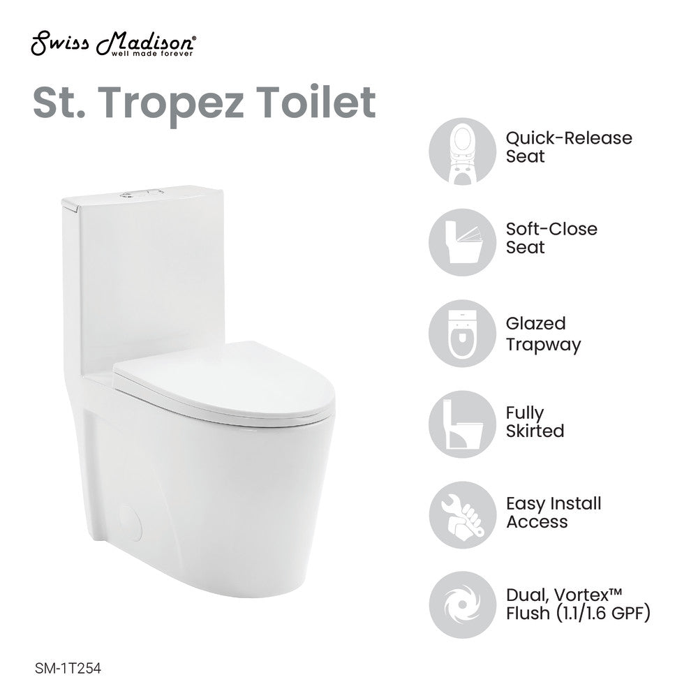 Swiss Madison St. Tropez One-Piece Elongated Toilet Vortex Dual-Flush 1.1/1.6 gpf | SM-1T254