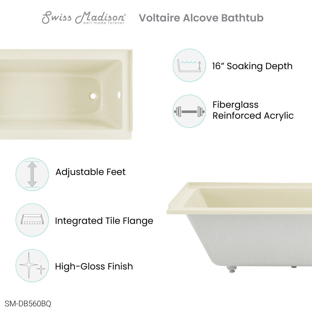 Swiss Madison Voltaire 60" x 30" Right-Hand Drain Alcove Bathtub in Bisque | SM-DB560BQ