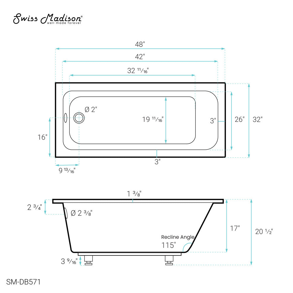 Swiss Madison Voltaire 48" x 32" Reversible Drain Drop-In Bathtub | SM-DB571