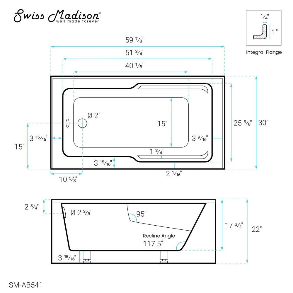 Swiss Madison Voltaire 60" x 30" Left-Hand Drain Alcove Bathtub with Apron and Armrest | SM-AB541