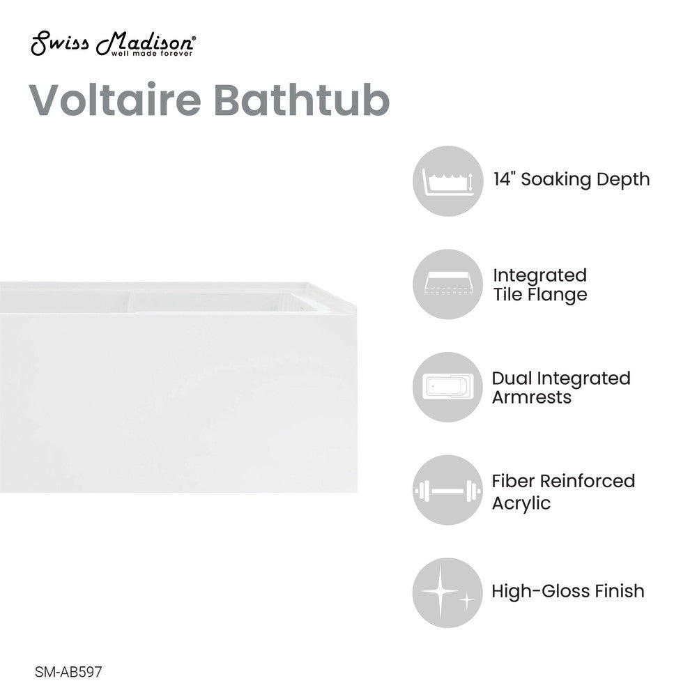 Swiss Madison Voltaire 48" x 30" Right-Hand Drain Alcove Integrated Armrest Bathtub with Apron | SM-AB597