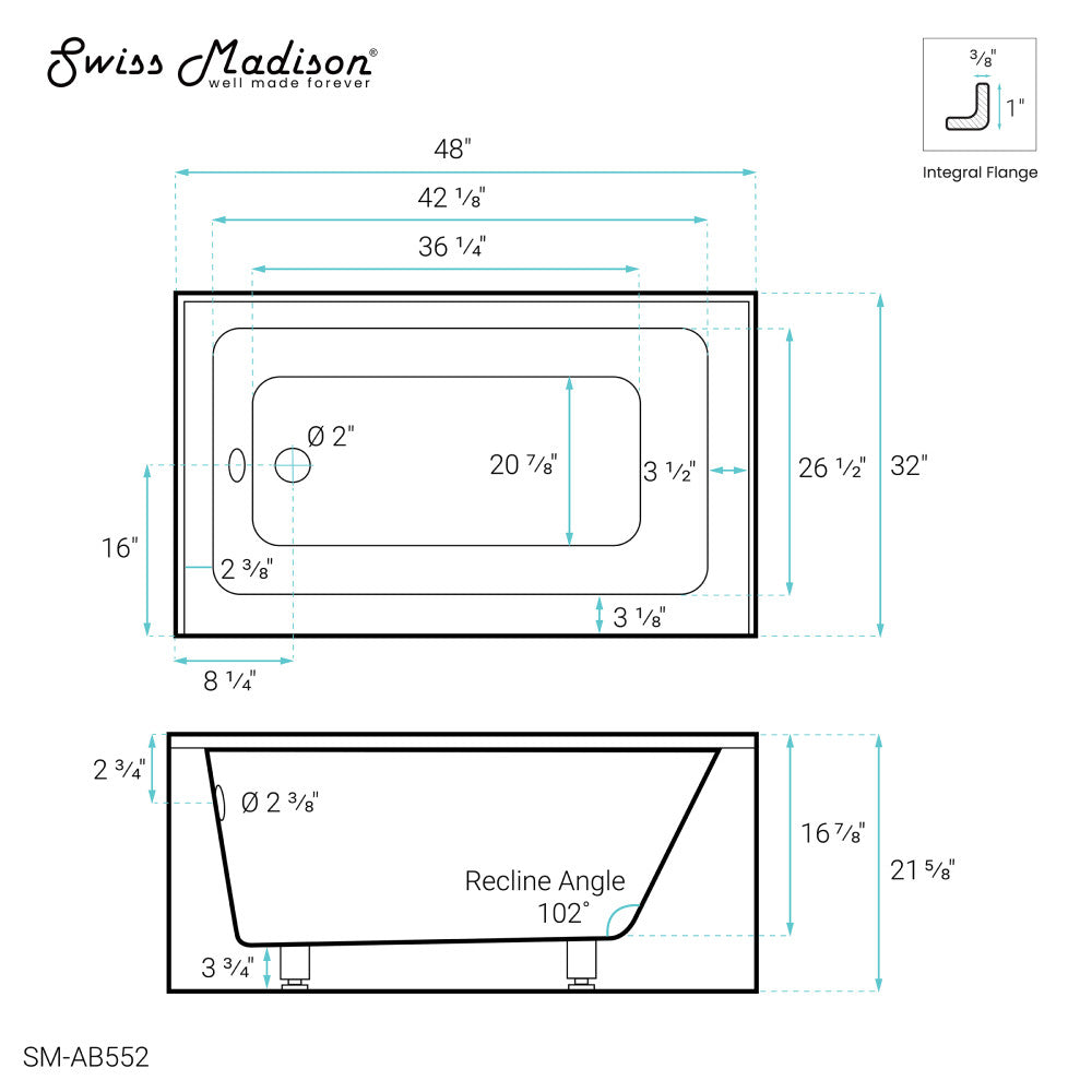 Swiss Madison Voltaire 48" x 32" Left-Hand Drain Alcove Bathtub with Apron | SM-AB552