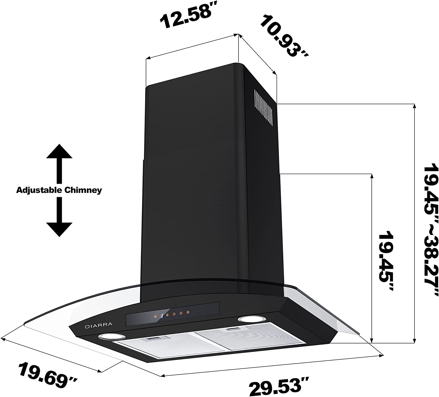 CIARRA 30" 450 CFM Wall Mount Convertible Range Hood in Black with Touch Controls and LED Lights