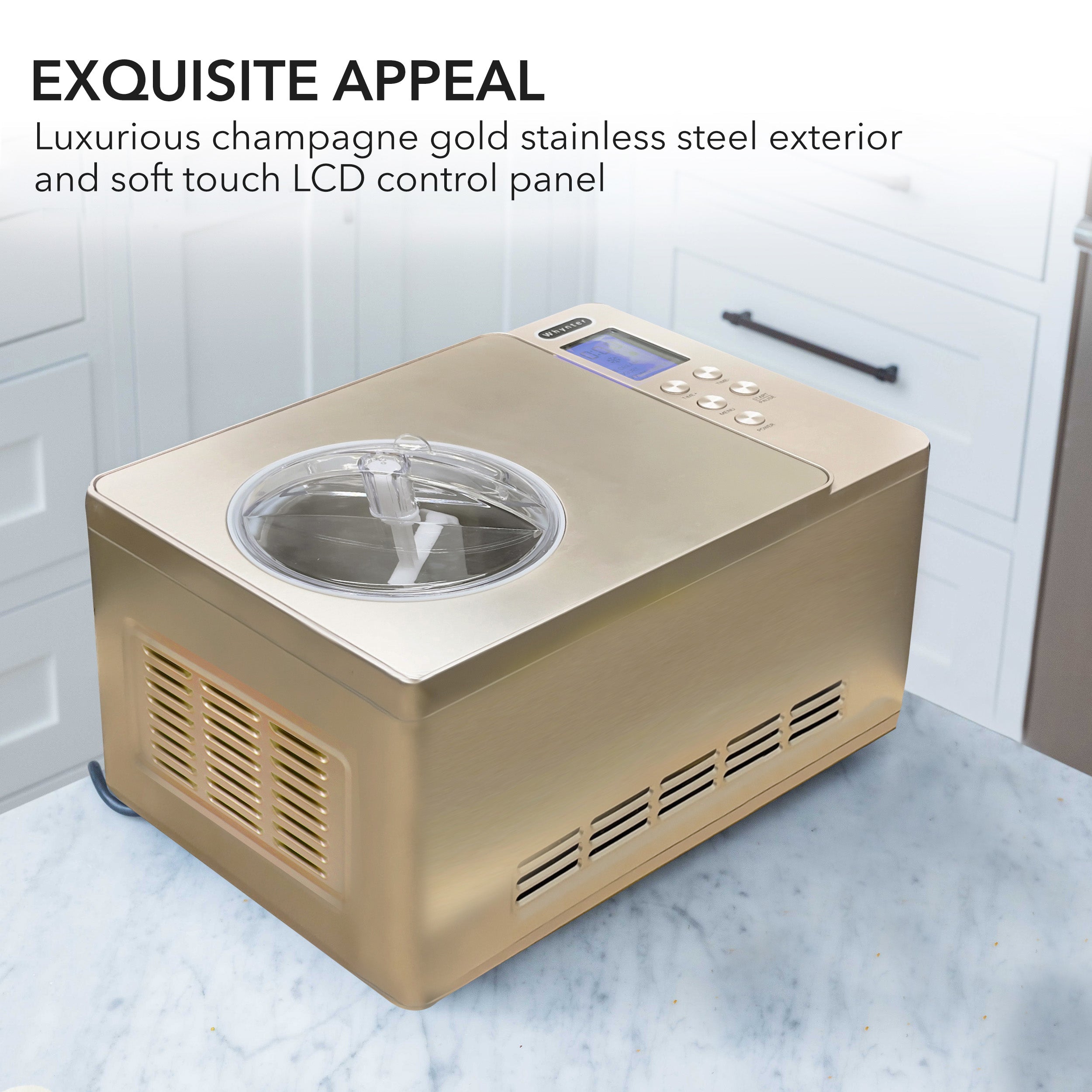 Whynter 2 Quart Capacity Automatic Compressor Ice Cream Maker & Yogurt Function with Stainless Steel Bowl in Champagne Gold | ICM-220CGY