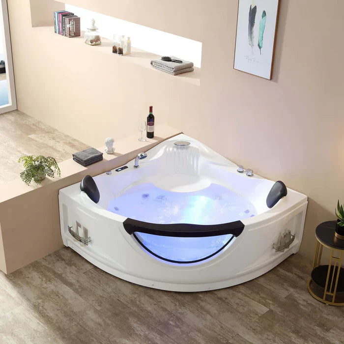 Hydrotherapy Corner Whirlpool Bathtub with LED Lights