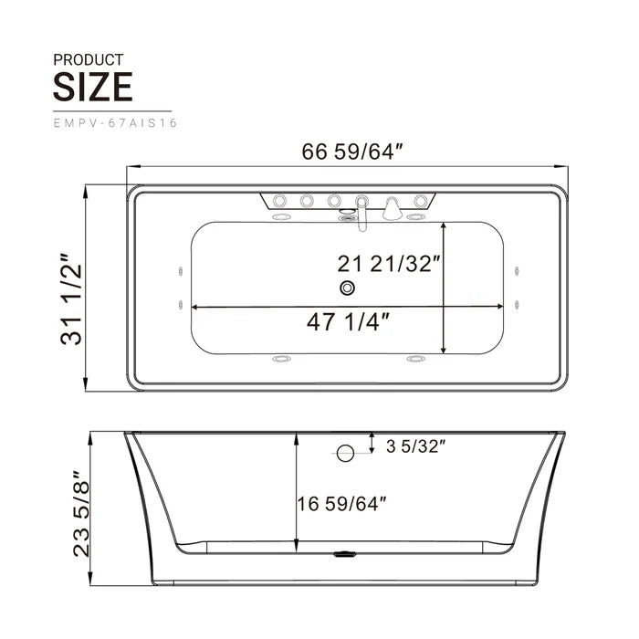 Empava 67 in. Freestanding Rectangle Whirlpool Bathtub | EMPV-67AIS16