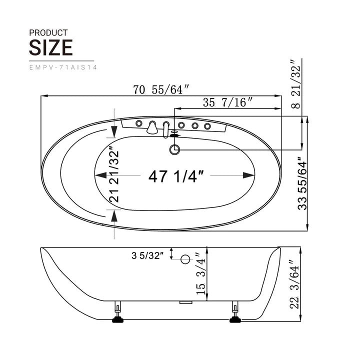 Empava 71 in. Freestanding Oval Whirlpool Bathtub | EMPV-71AIS14