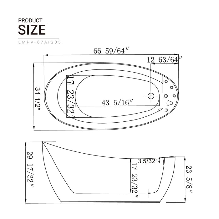 Empava 67 in. Hydrotherapy Freestanding Whirlpool Bathtub | EMPV-67AIS05