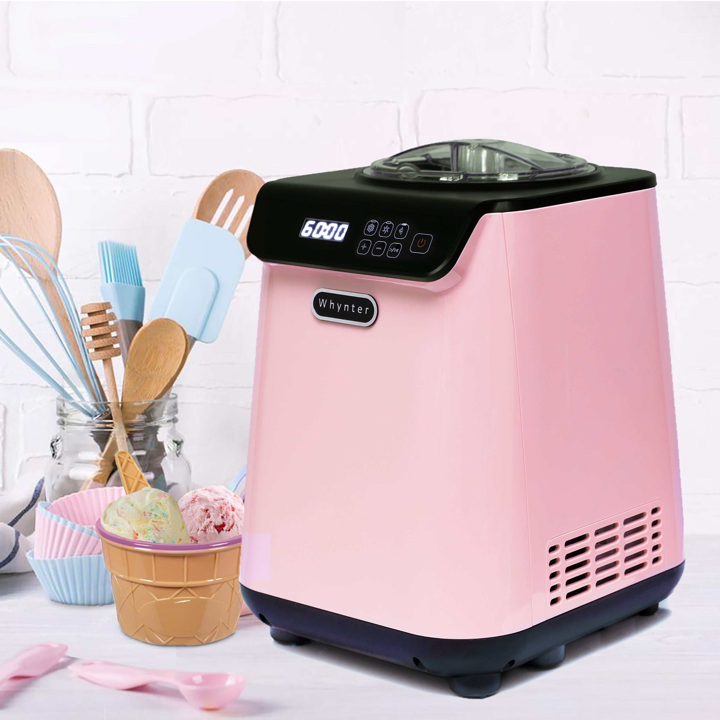 Whynter Upright Automatic Ice Cream Maker 1.28 Quart Capacity with Built-in Compressor, No Pre-Freezing, LCD Digital Display, Timer, with Stainless Steel Bowl Limited Black Pink Edition | ICM-128BPS