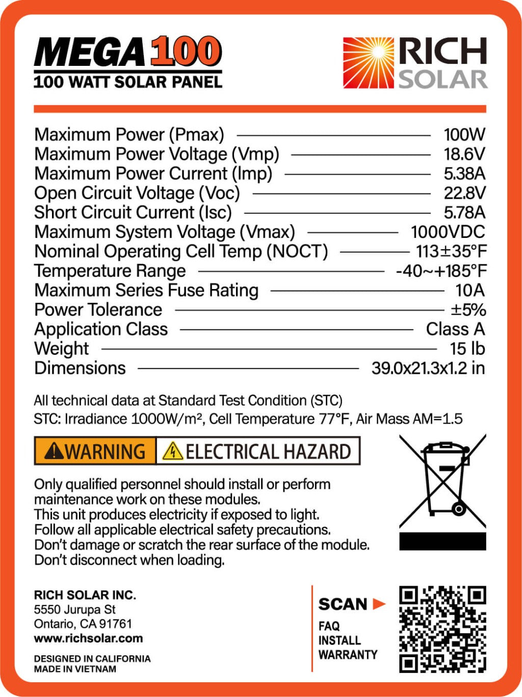 Rich Solar MEGA Monocrystalline Solar Panel | 100W | UL Certified | 25 Year Warranty