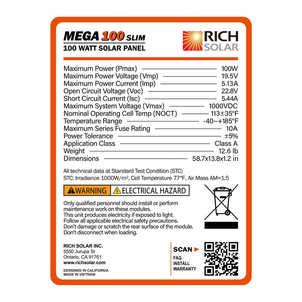 Rich Solar MEGA 100 SLIM Monocrystalline Solar Panel | 100W | 25 Year Warranty