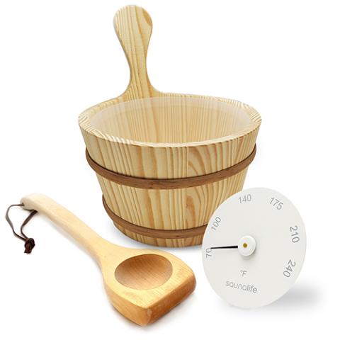 SaunaLife Wooden 1-Gallon Sauna Bucket Set with Wood Ladle and White Thermometer - Sauna Accessory Package 4