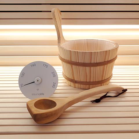 SaunaLife Wooden 1-Gallon Sauna Bucket Set with Wood Ladle and White Thermometer - Sauna Accessory Package 4