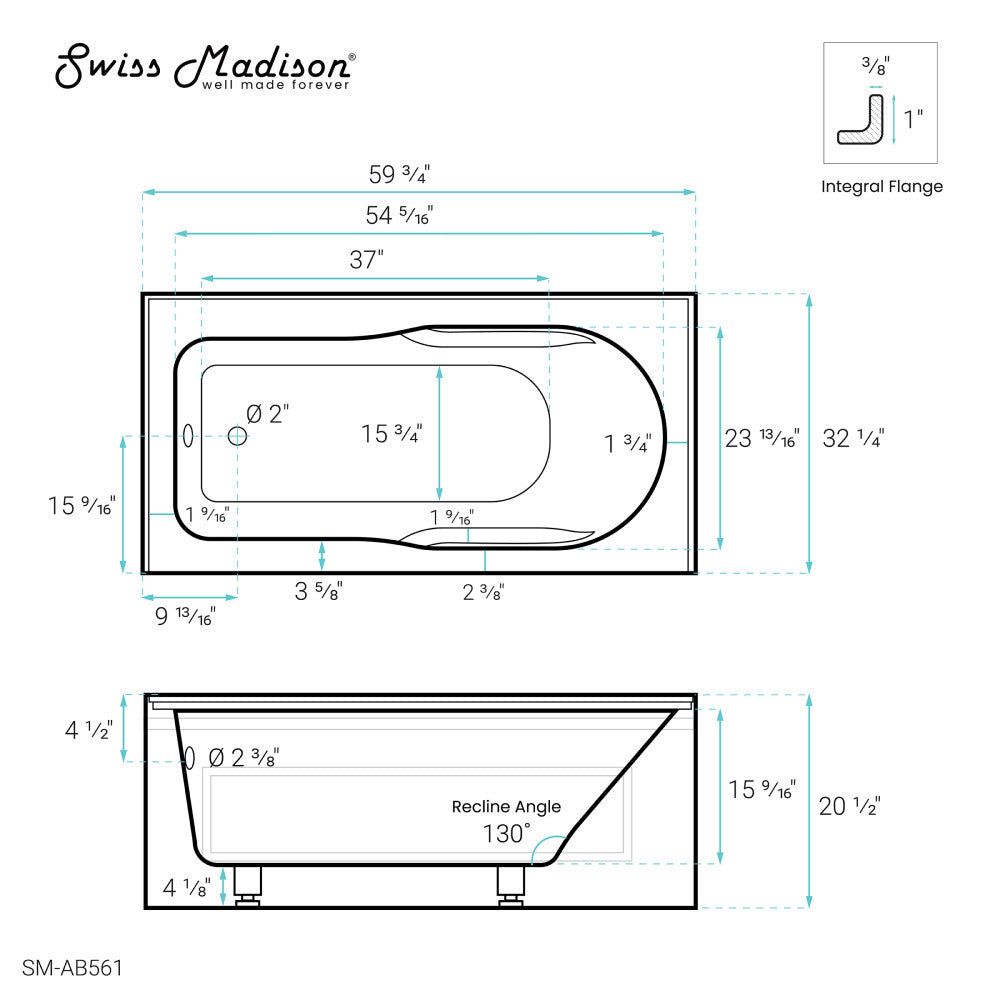 Swiss Madison Concorde 60" x 32" Acrylic Glossy White, Alcove, Integral, Left-Hand Drain, Apron Bathtub | SM-AB561