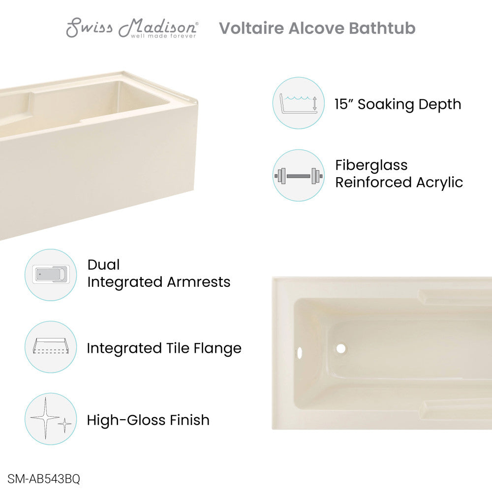 Swiss Madison Voltaire 60" x 32" Left-Hand Drain Alcove Bathtub with Apron in Bisque | SM-AB543BQ