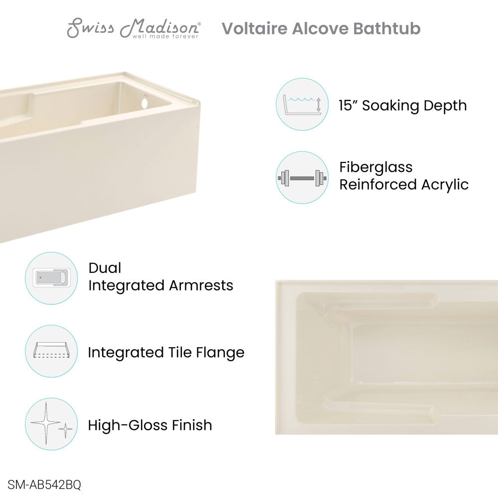 Swiss Madison Voltaire 60" x 32" Right-Hand Drain Alcove Bathtub with Apron in Bisque | SM-AB542BQ