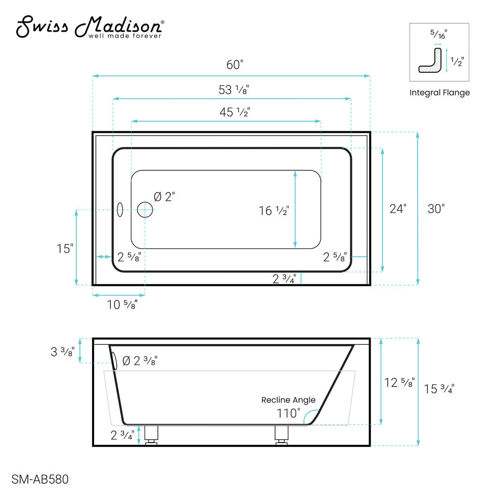 Swiss Madison Virage 60" x 30" Left-Hand Drain Alcove Bathtub with Apron | SM-AB580