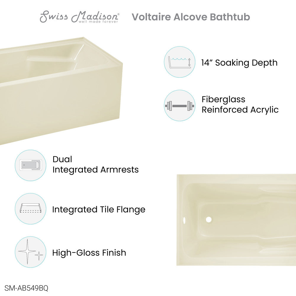 Swiss Madison Voltaire 54" x 30" Left-Hand Drain Alcove Bathtub with Apron in Bisque | SM-AB549BQ