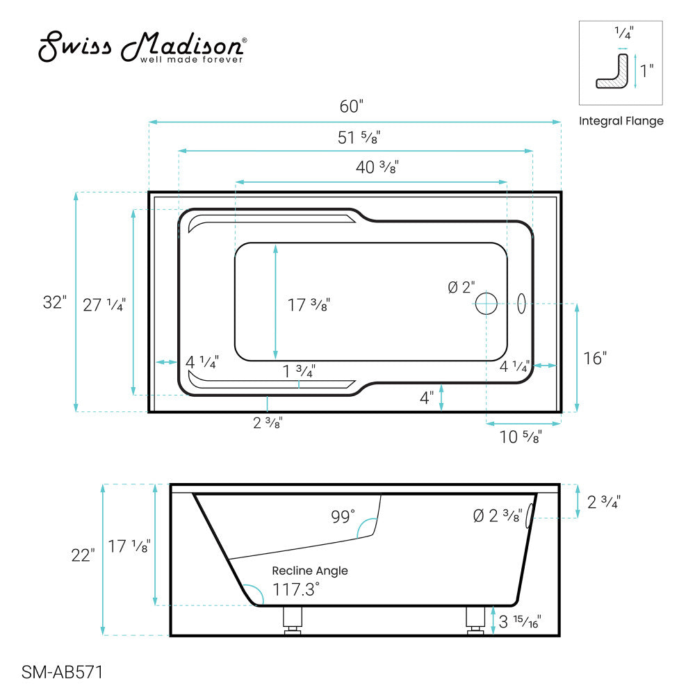 Swiss Madison Claire 60" x 32" Right-Hand Drain Drain Alcove Tub with Corner Apron | SM-AB571