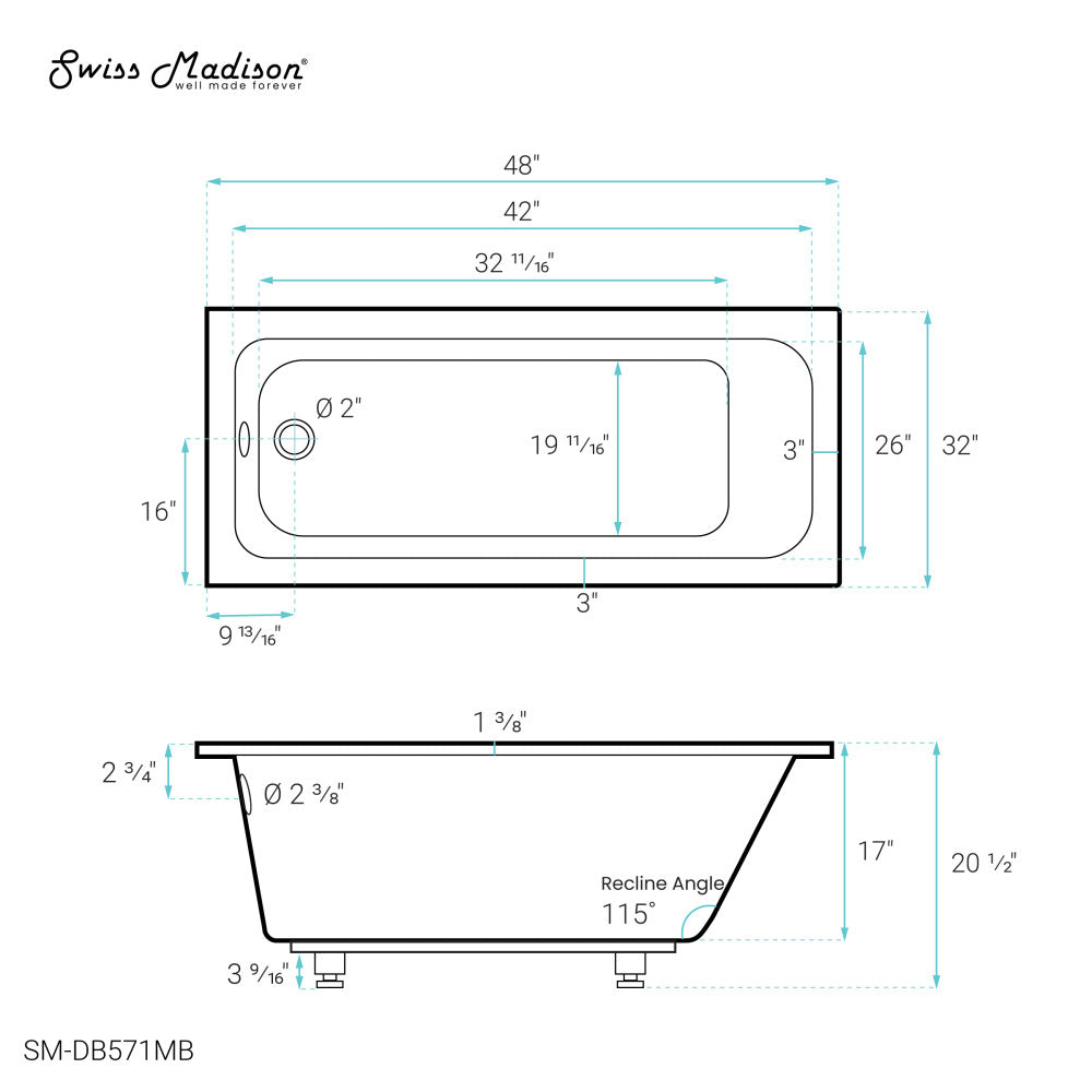 Swiss Madison Voltaire 48" x 32" Reversible Drain Drop-In Bathtub in Matte Black | SM-DB571MB