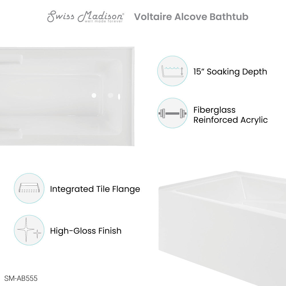 Swiss Madison Voltaire 72" x 36" Right-Hand Drain Alcove Bathtub with Apron and Armrest | SM-AB555