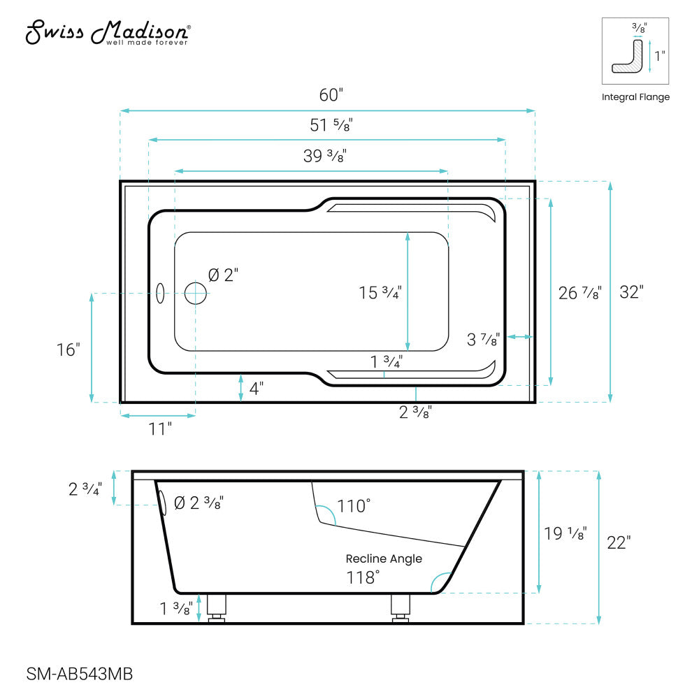 Swiss Madison Voltaire 60" x 32" Left-Hand Drain Alcove Bathtub with Apron in Matte Black | SM-AB543MB