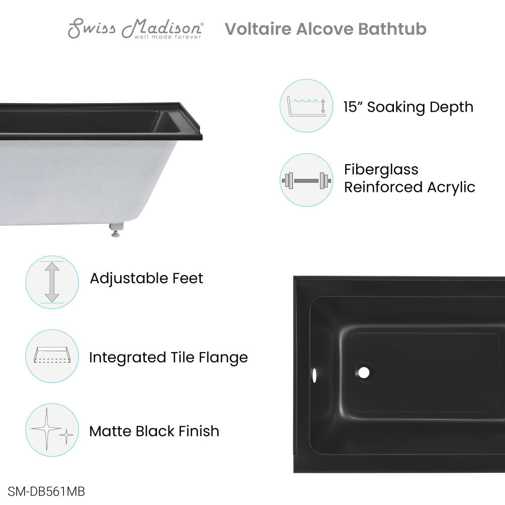 Swiss Madison Voltaire 48" x 32" Left-Hand Drain Alcove Bathtub in Matte Black | SM-DB561MB