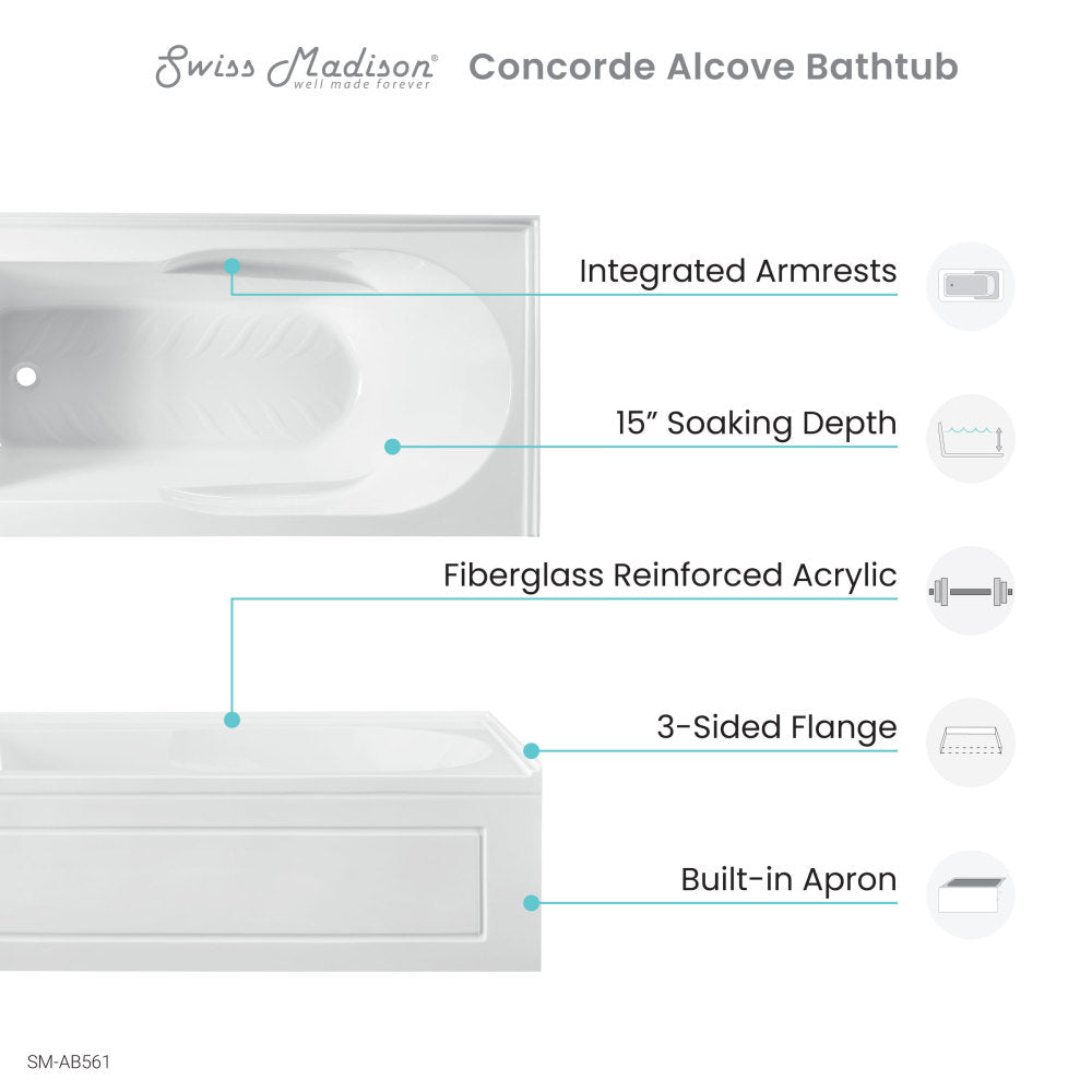 Swiss Madison Concorde 60" x 32" Acrylic Glossy White, Alcove, Integral, Left-Hand Drain, Apron Bathtub | SM-AB561